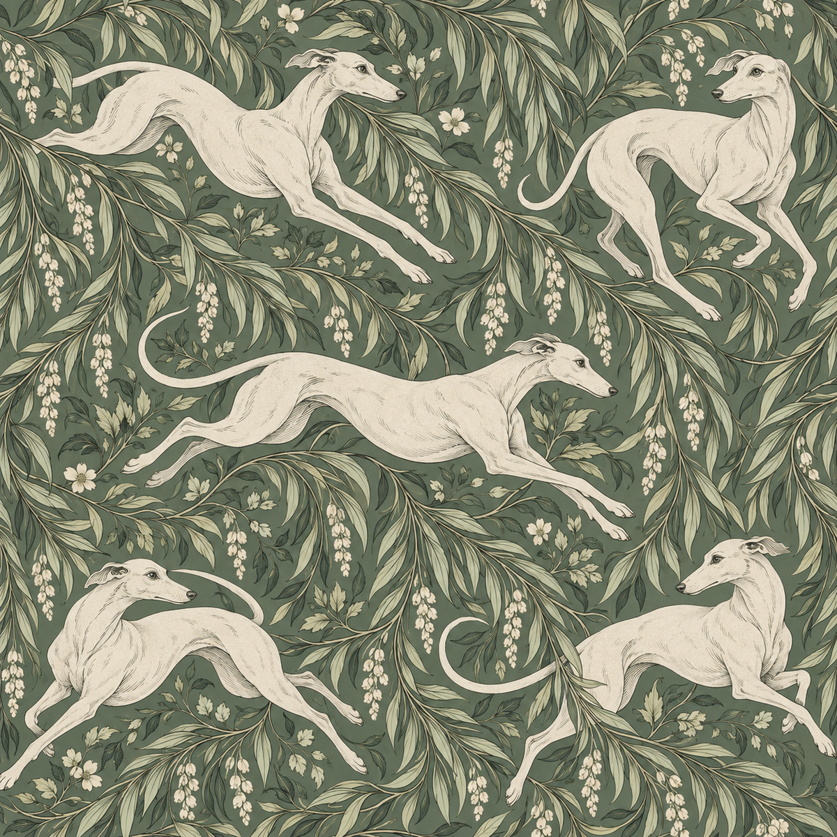 Decorative wall space covered with motif of vintage-style greyhounds and botanical laurels