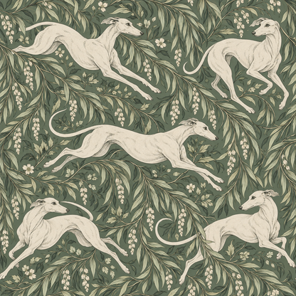 Decorative wall space covered with motif of vintage-style greyhounds and botanical laurels