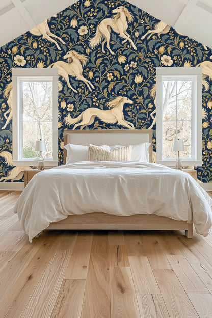 Wallpaper detail of scroll leaves and flowers entwining around a cream Saluki dog