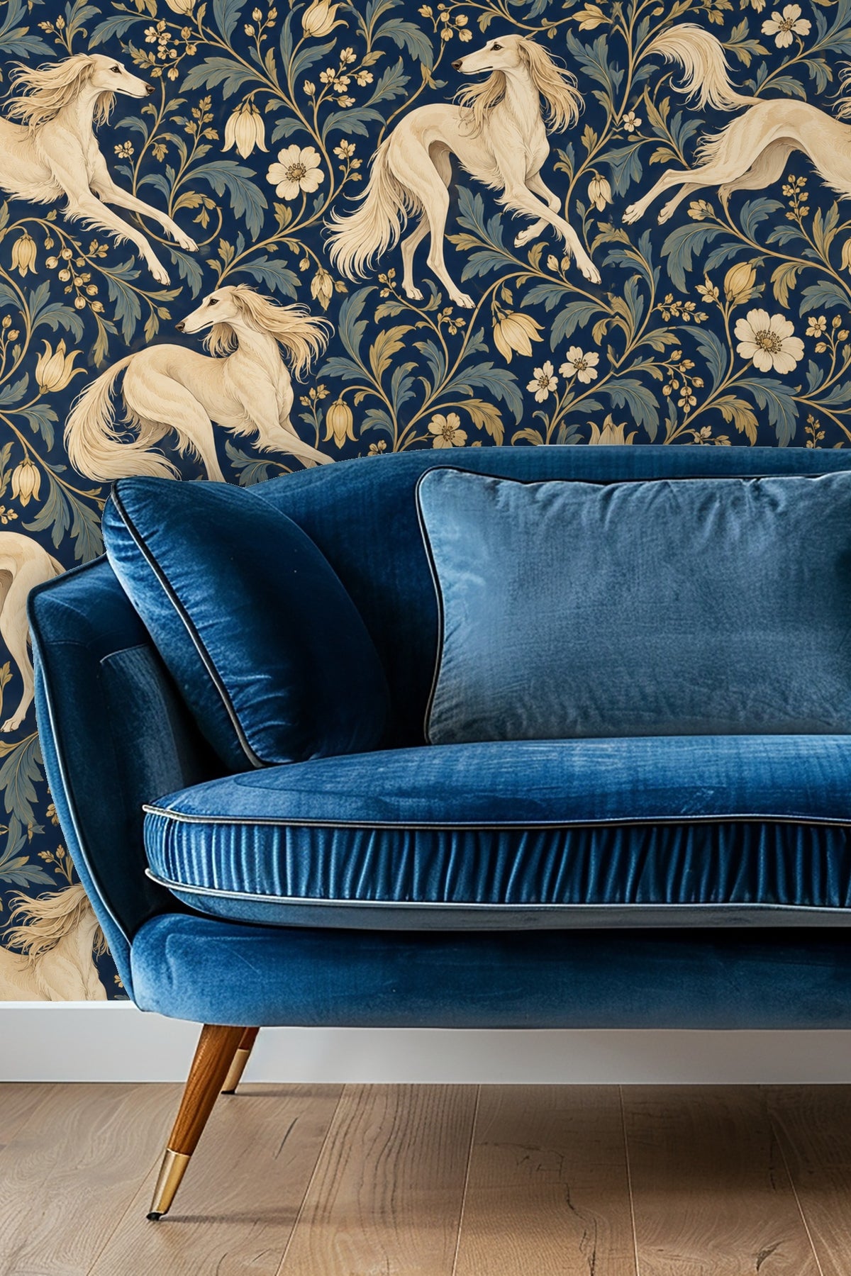 Pattern of cream Saluki dogs running amid blue and gold floral scrolls on navy background