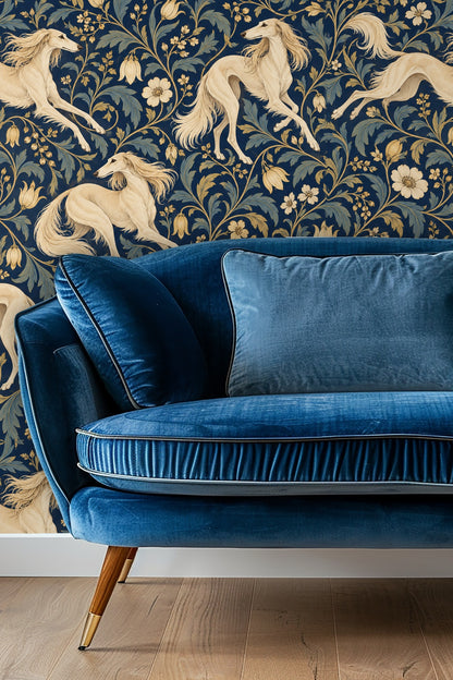 Pattern of cream Saluki dogs running amid blue and gold floral scrolls on navy background