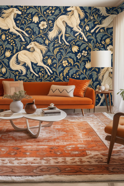 Laundry room wall with navy floral wallpaper featuring cream Saluki dogs behind a wooden countertop and white washer/dryer
