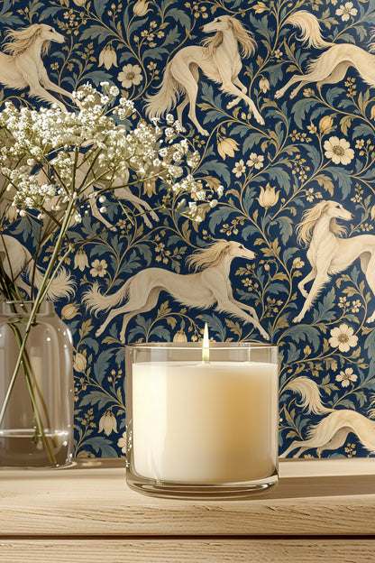 Entryway corner with arched niche wallpapered in navy wallpaper featuring cream Salukis and gold florals, with a round mirror reflecting the