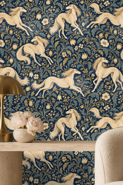 Close view of patterned cream dog in profile surrounded by floral branches