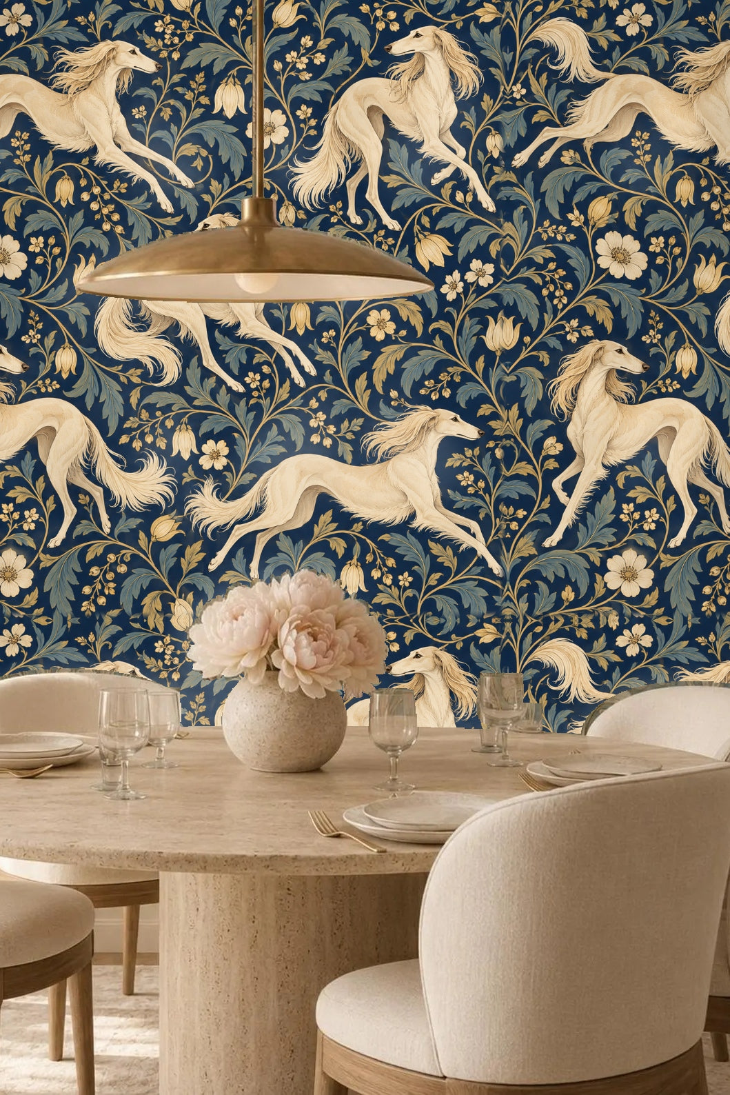 Detail of yellow bell-shaped flowers on rich blue leafy stalks with cream dog silhouette