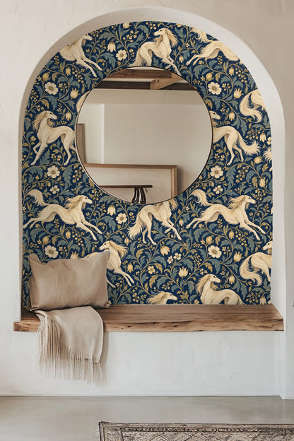 Close-up of wallpaper showing cream Salukis leaping amid gold and blue botanical scrolls on navy background