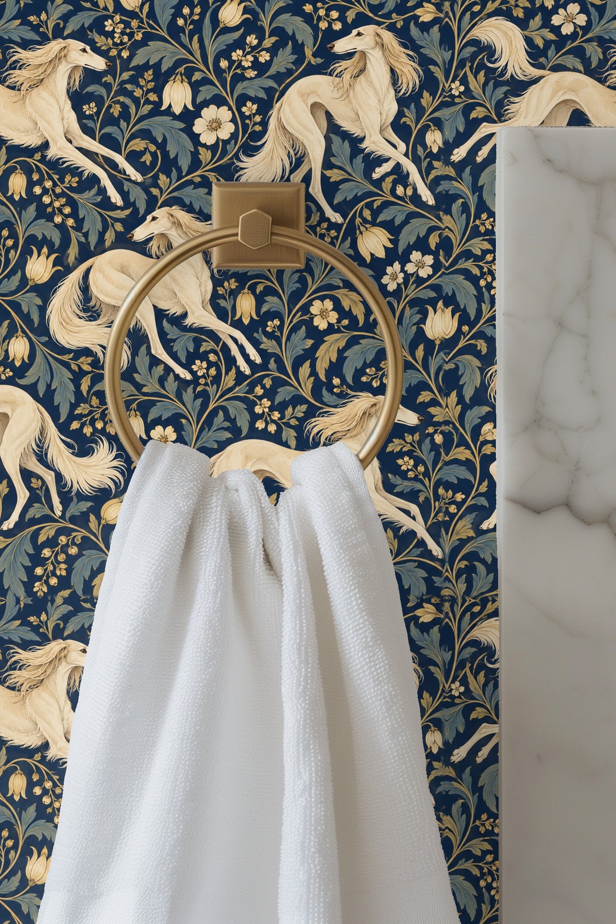 Section of wallpaper showing detailed blue leaves and yellow flowers with a cream dog