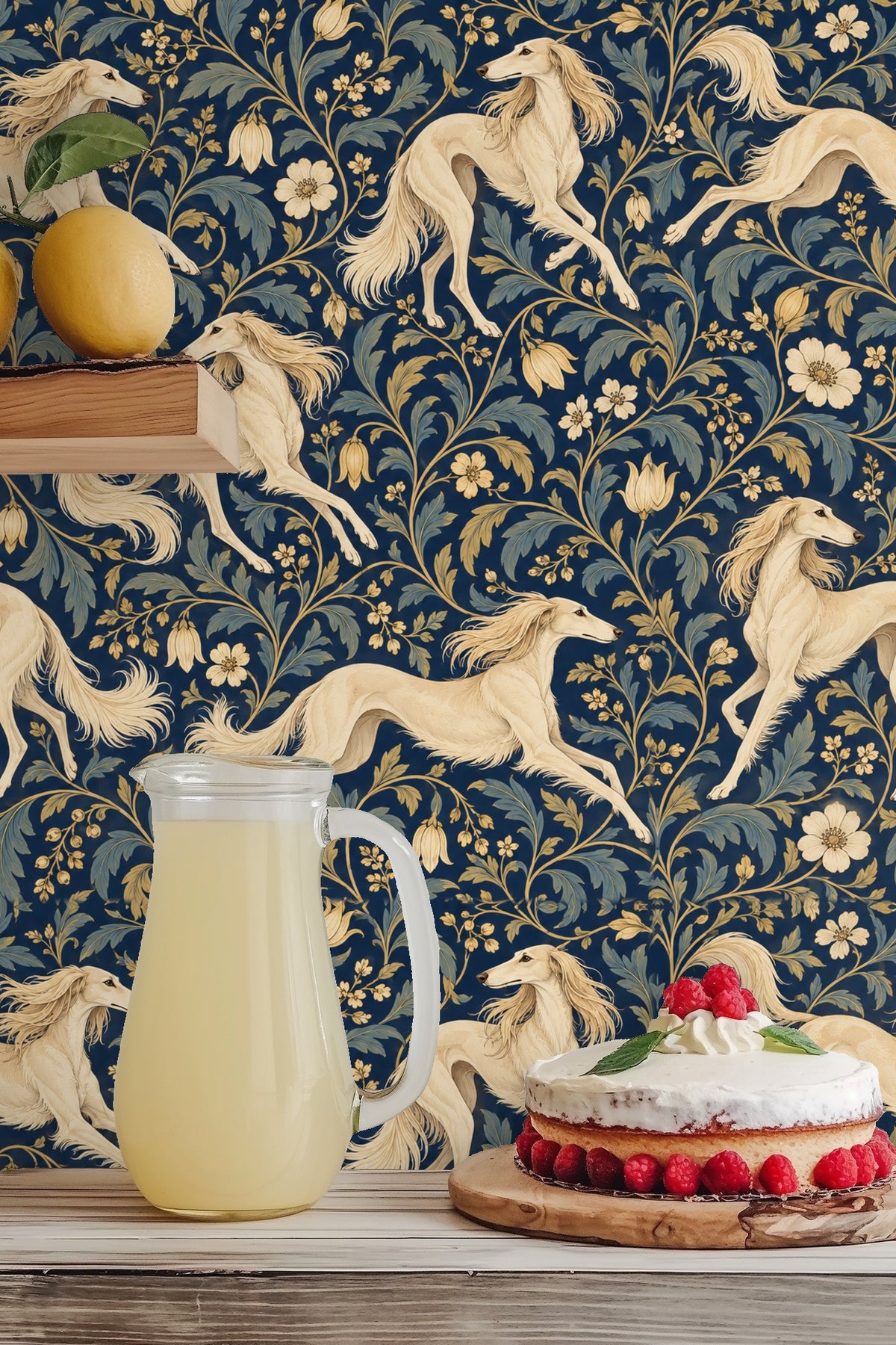 Noble Saluki Scroll wallpaper shown in an interior setting