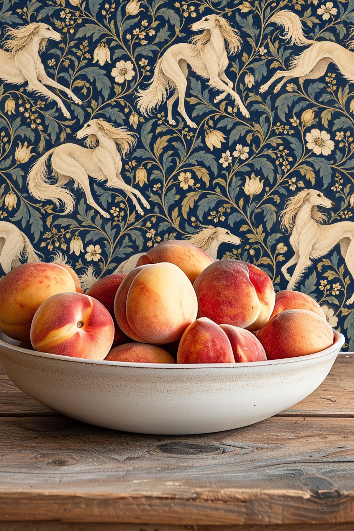 Segment of wallpaper showing elongated floral leaves and flowers in blue and gold