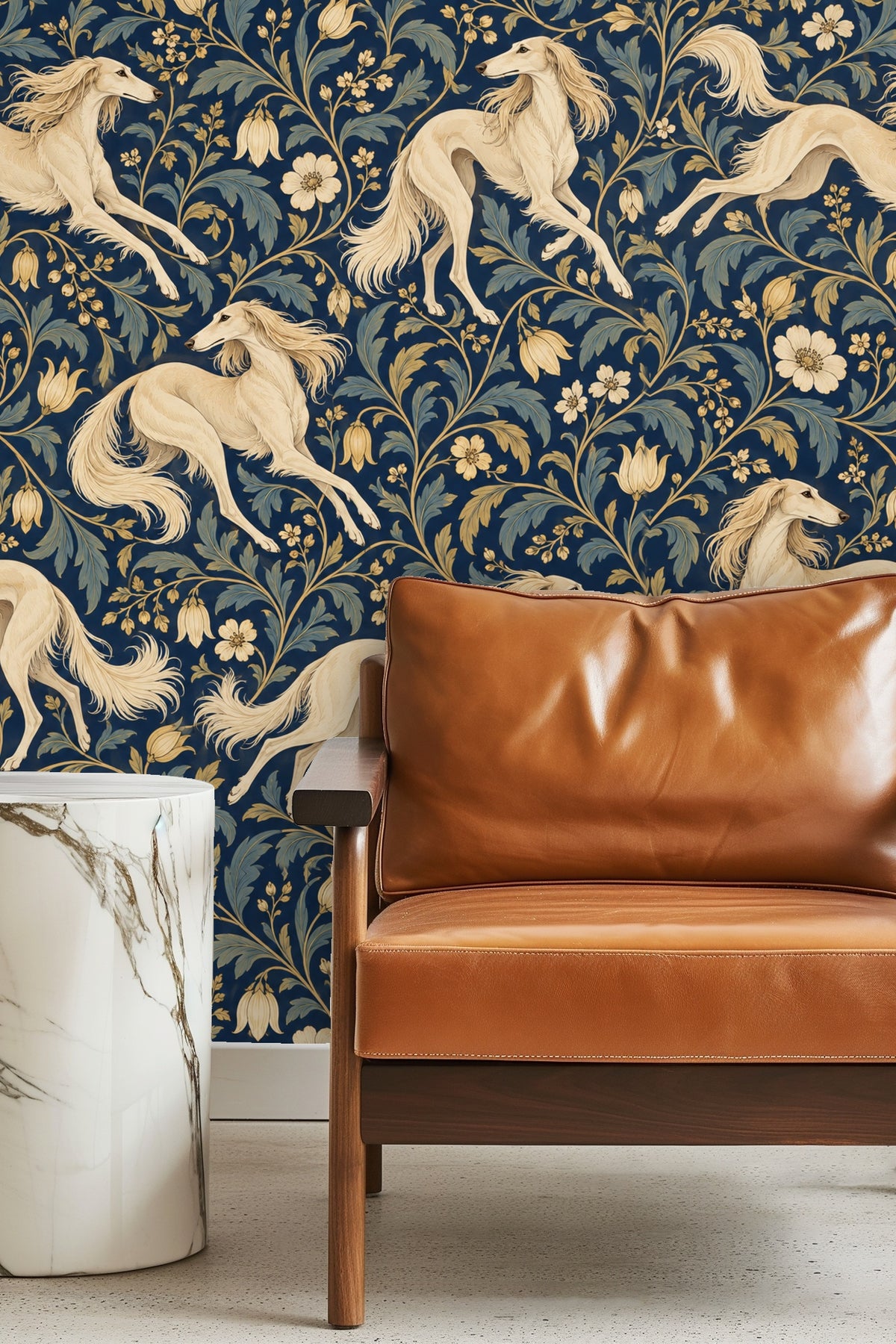 Noble Saluki Scroll wallpaper shown in an interior setting