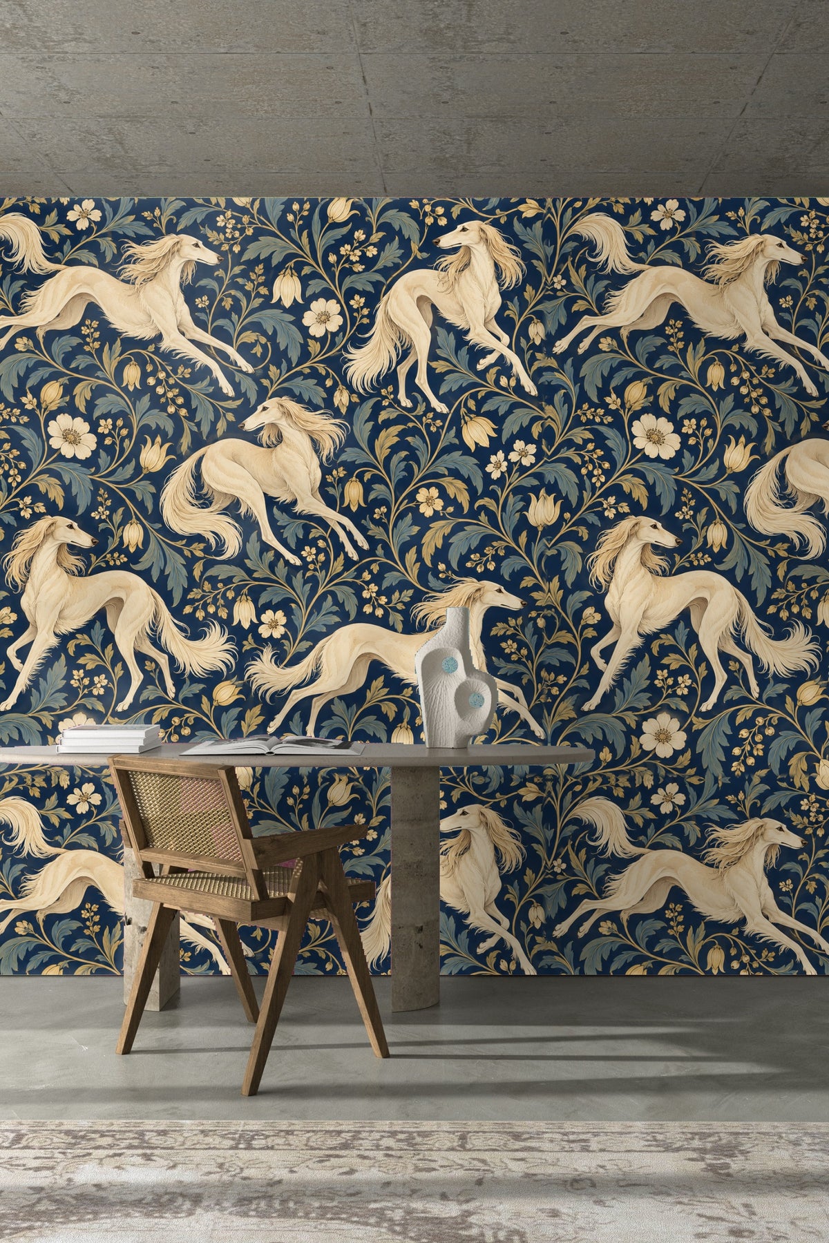 Wallpaper pattern of floral vines wrapping around cream running dogs on navy background