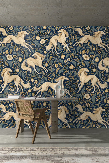 Wallpaper pattern of floral vines wrapping around cream running dogs on navy background