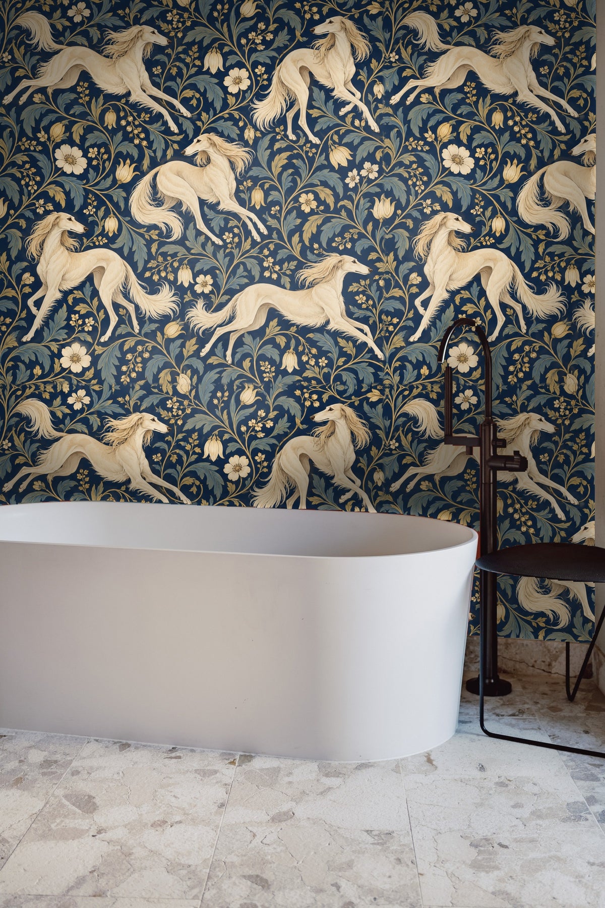 Noble Saluki Scroll wallpaper shown in an interior setting