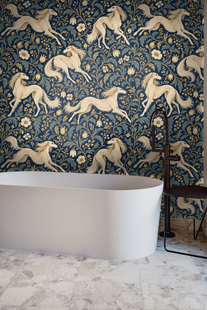 Noble Saluki Scroll wallpaper shown in an interior setting