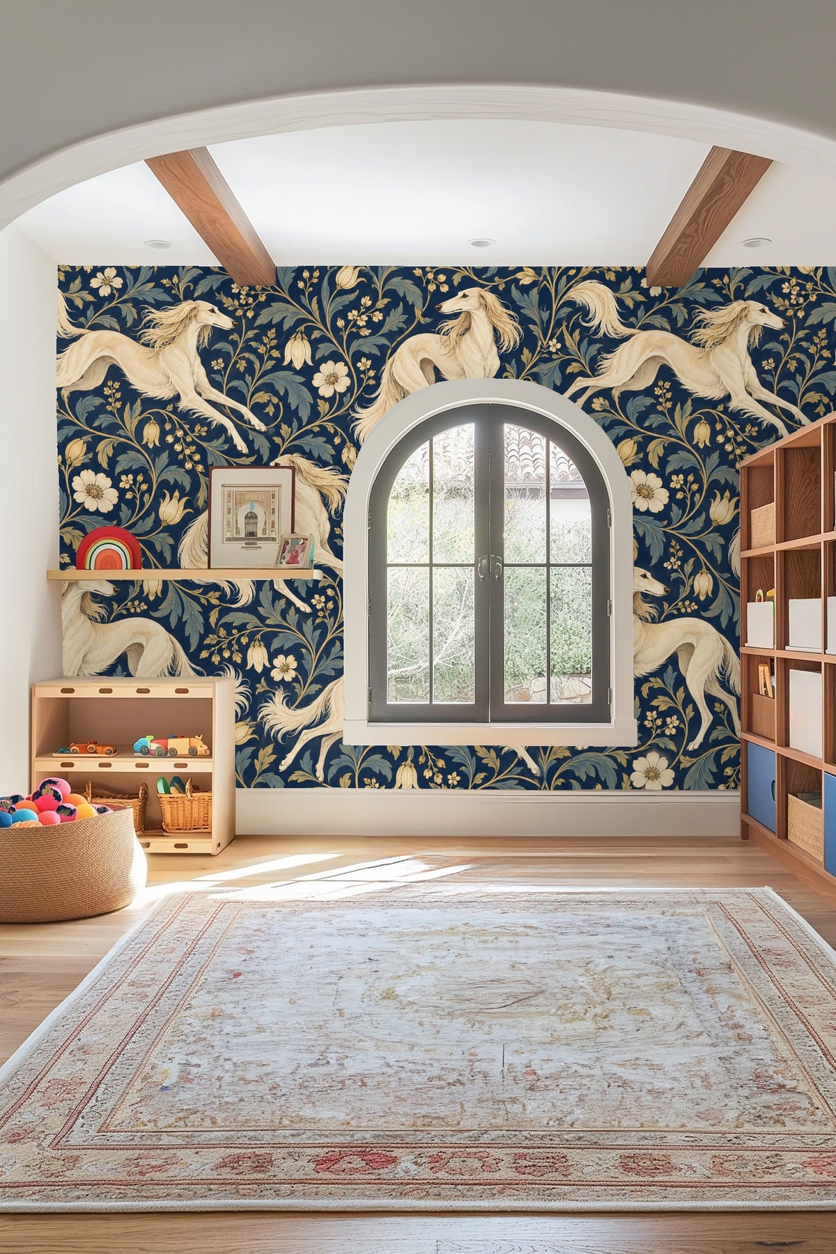 Pattern section showing elegant cream dog with flowing tail against blue and gold leaves