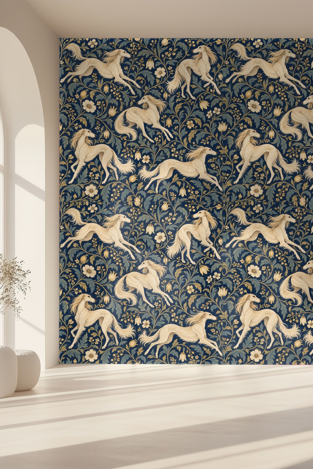 Noble Saluki Scroll wallpaper shown in an interior setting