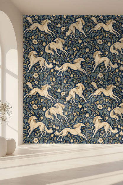 Noble Saluki Scroll wallpaper shown in an interior setting