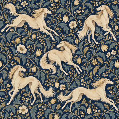 Full repeat of cream Saluki dogs and floral elements on dark blue background