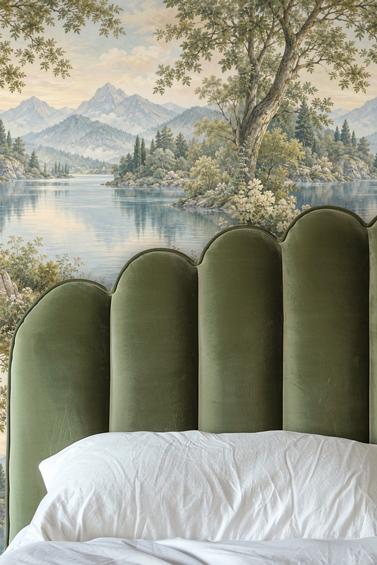 Wallpaper artwork depicting a peaceful mountain lake with trees and flowering bushes in soft pastel tones