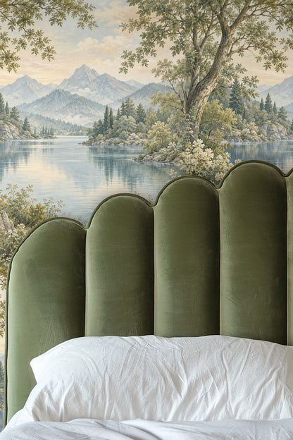 Wallpaper artwork depicting a peaceful mountain lake with trees and flowering bushes in soft pastel tones