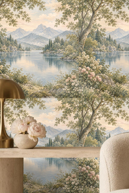 Living room setting with pink sofa and mountain lake wallpaper mural in soft muted colors