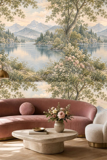 Close-up of mountain lake wallpaper behind a green velvet scalloped headboard
