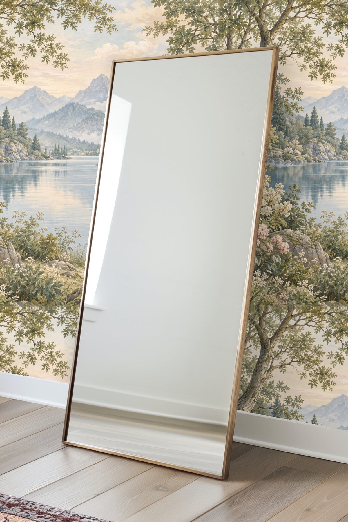 Distant blue-gray mountains with soft clouds in the wallpaper design