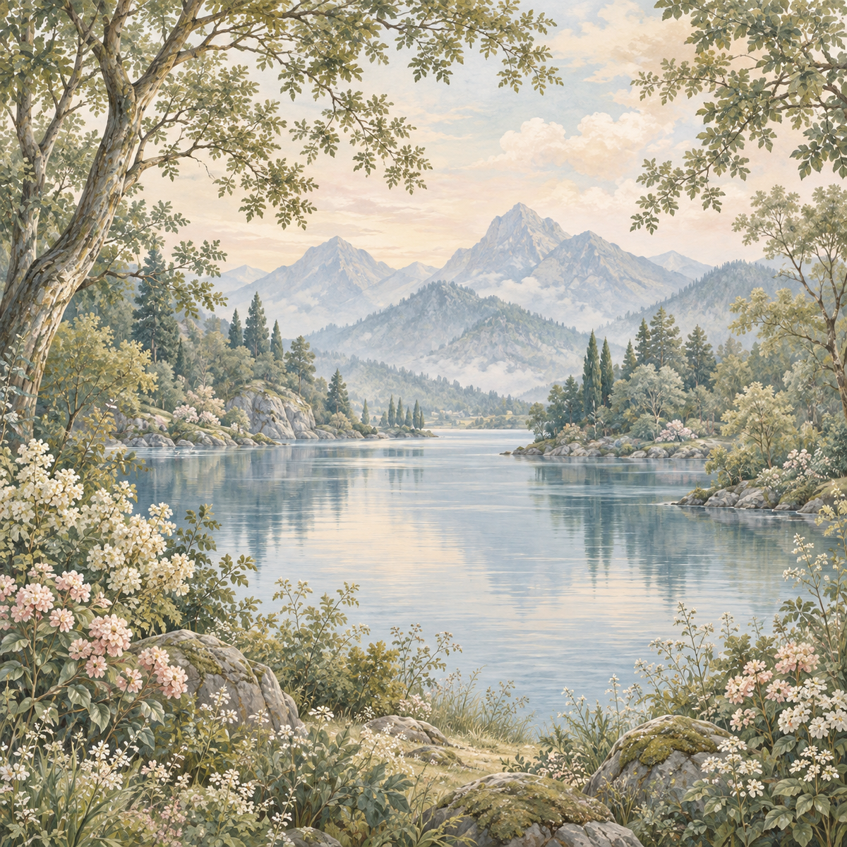Vintage style landscape wallpaper covering a room wall with elegant furnishings