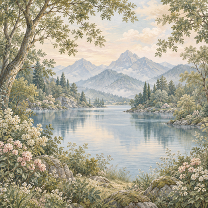 Vintage style landscape wallpaper covering a room wall with elegant furnishings