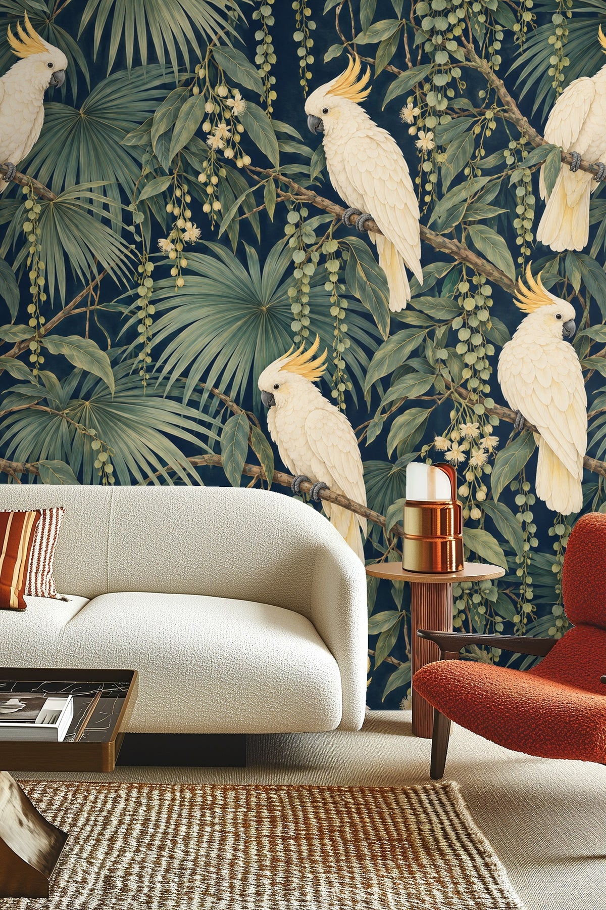 Arrangement of hanging seed pods and elongated green leaves on navy wallpaper