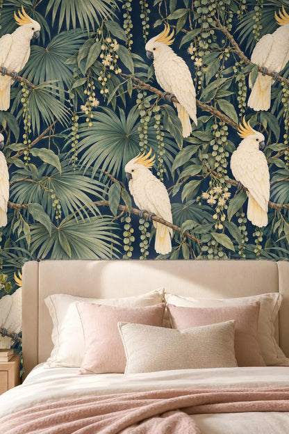 Detailed view of cockatoo feathers and yellow crests on wallpaper botanical pattern