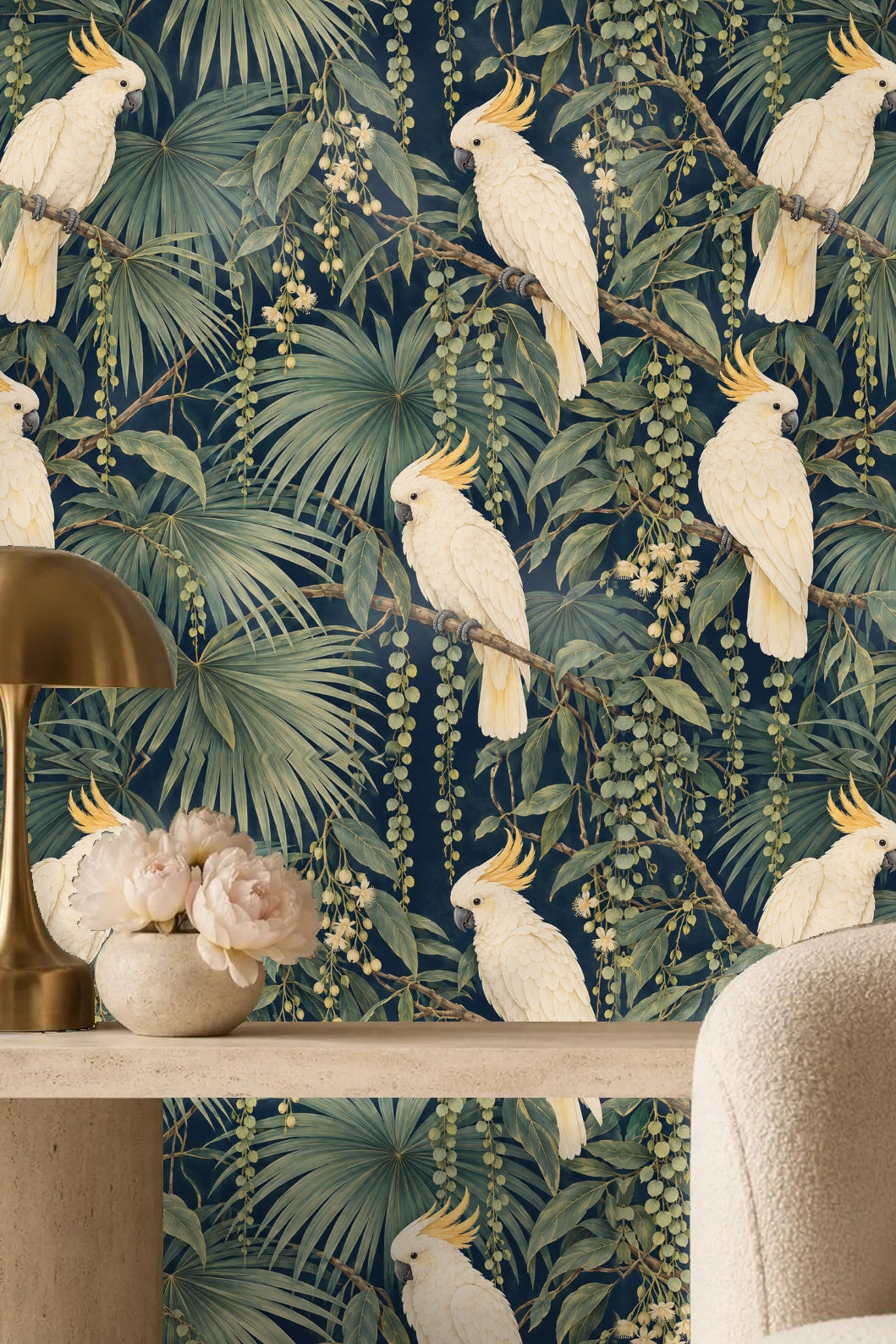 Four crested cockatoos perched in different poses against deep navy tropical foliage wallpaper