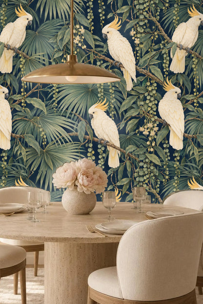 Tropical palm fronds fan-shaped in muted green tones contrasting with dark navy background