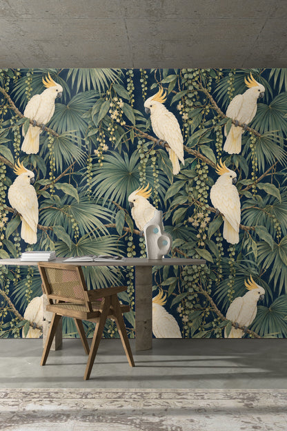 Layered foliage depth effect with varying shades of green on navy blue wallpaper