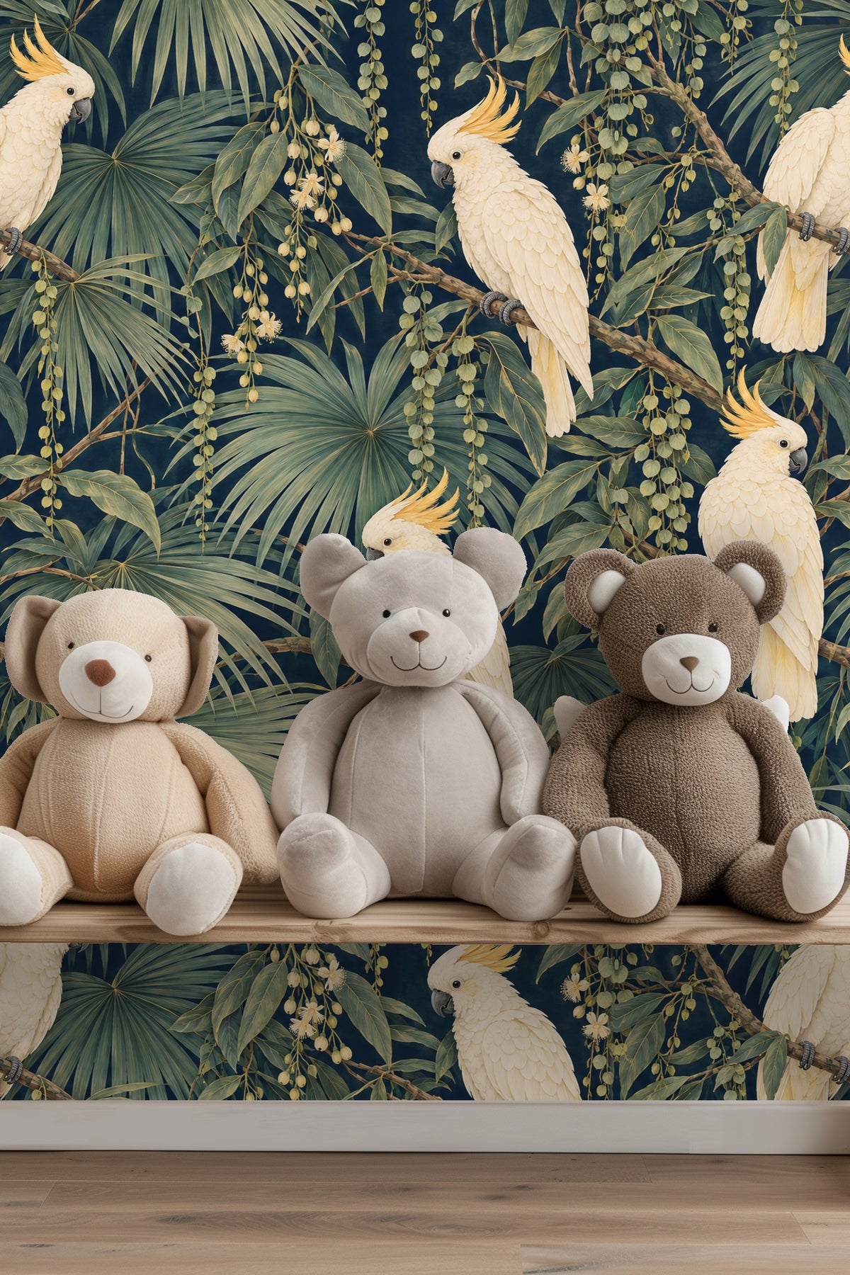 Branch intersections with overlapping tropical leaves and bird footprints on wallpaper