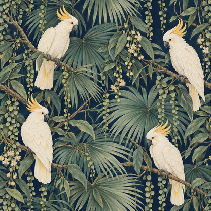 Pattern repeat close examination emphasizing naturalistic botanical and bird illustration style