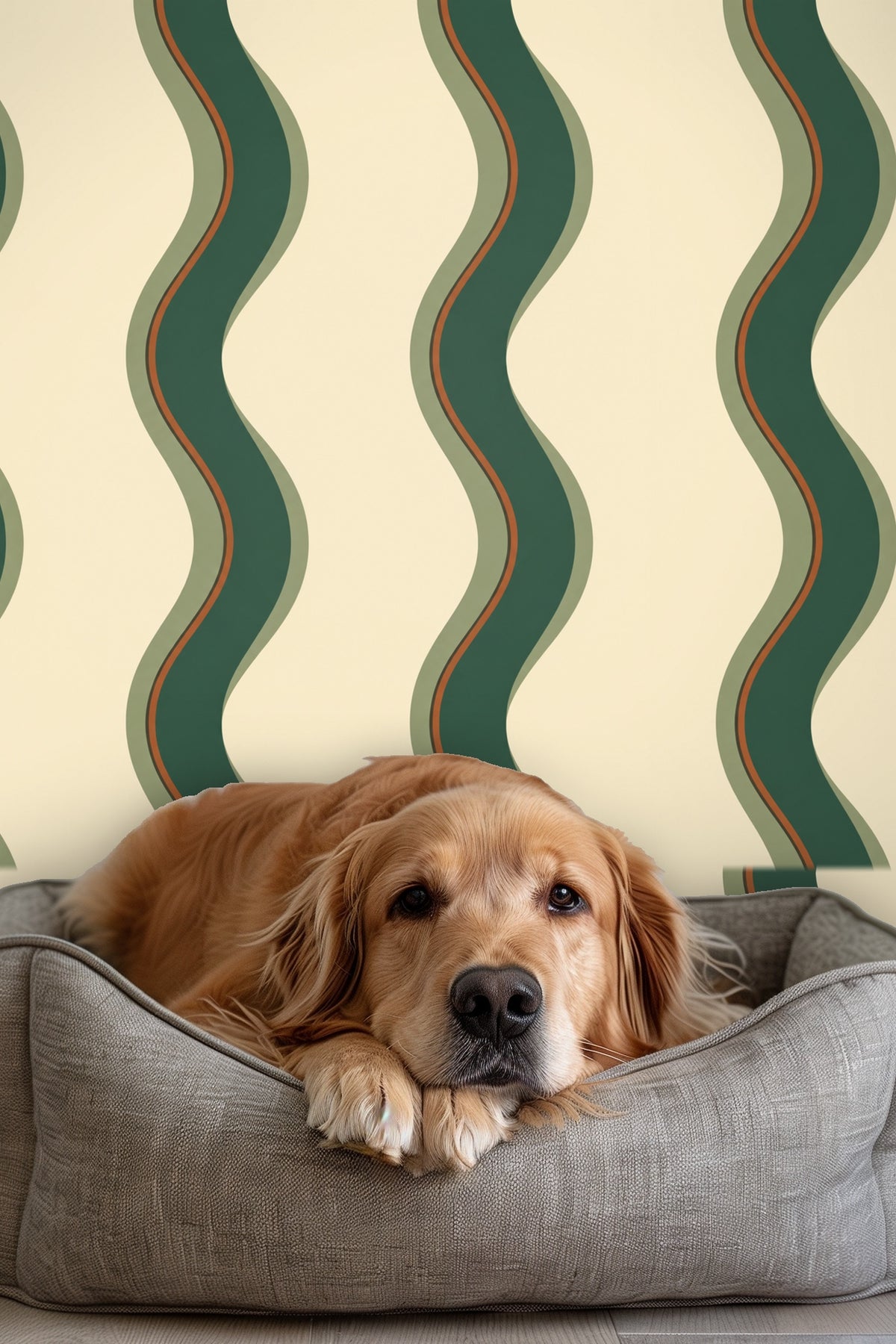 Wallpaper with green and rust wavy stripes on cream background.