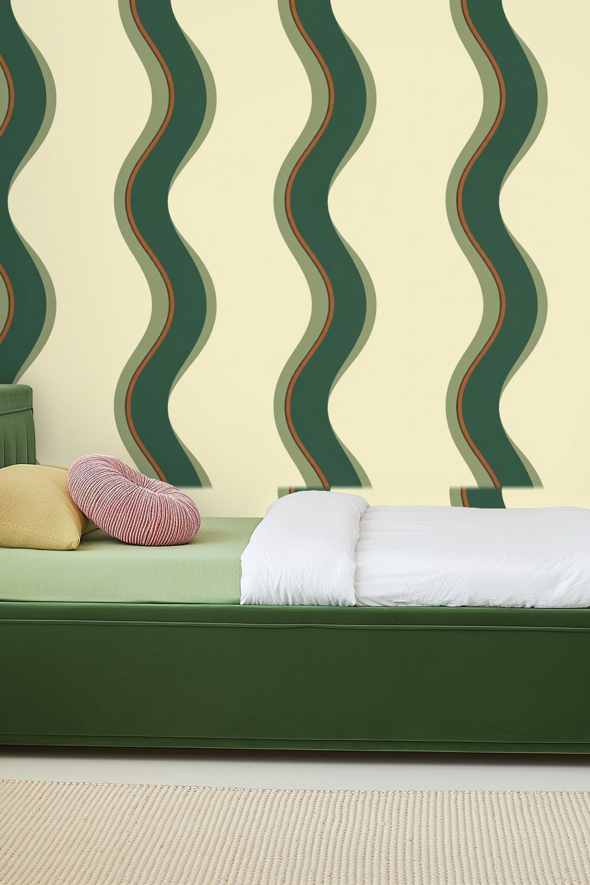 Olive Ribbon Ripple wallpaper shown in an interior setting