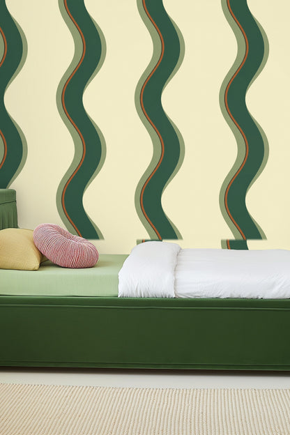 Olive Ribbon Ripple wallpaper shown in an interior setting