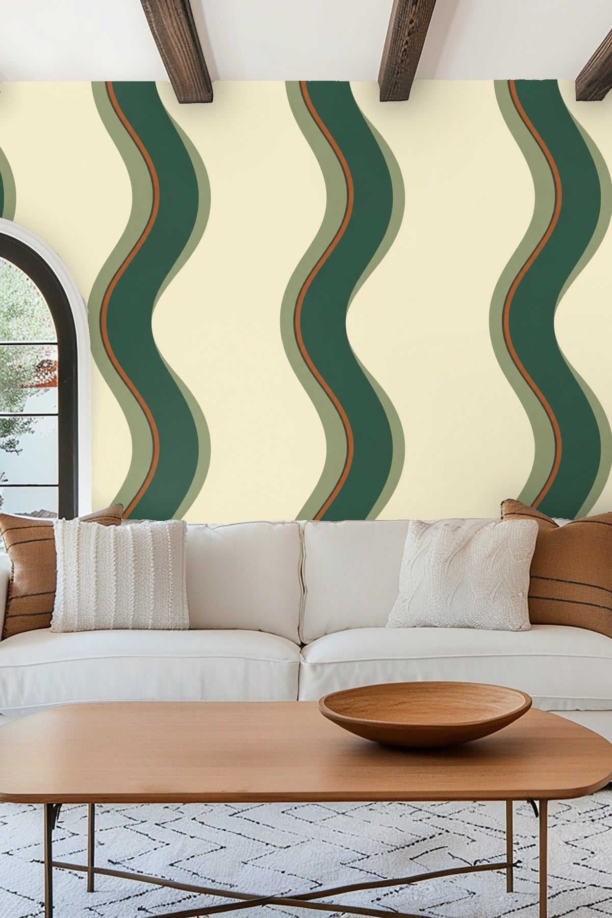 Olive Ribbon Ripple wallpaper shown in an interior setting