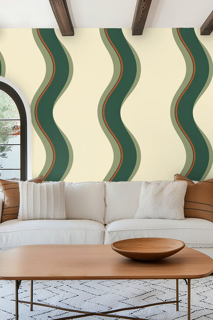Olive Ribbon Ripple wallpaper shown in an interior setting