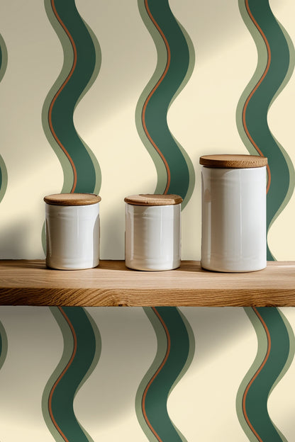 Olive Ribbon Ripple wallpaper shown in an interior setting