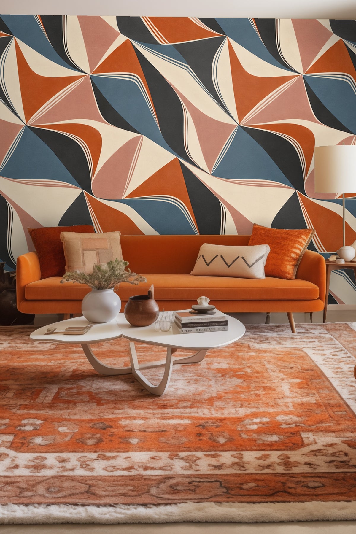 Geometric abstract wallpaper pattern in terracotta, dusty rose, muted blue, slate, and cream.