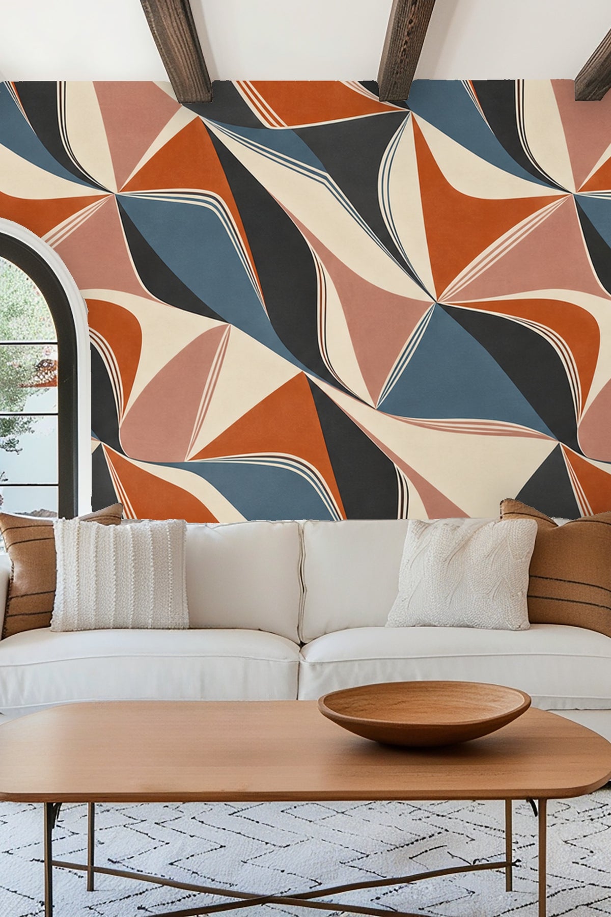 Living room with Terra Flux Wallpaper behind an orange sofa and a white coffee table.