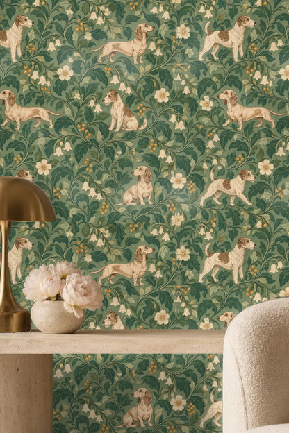 Living room with neutral sofa facing wallpaper featuring English terriers and botanical vines in green and cream