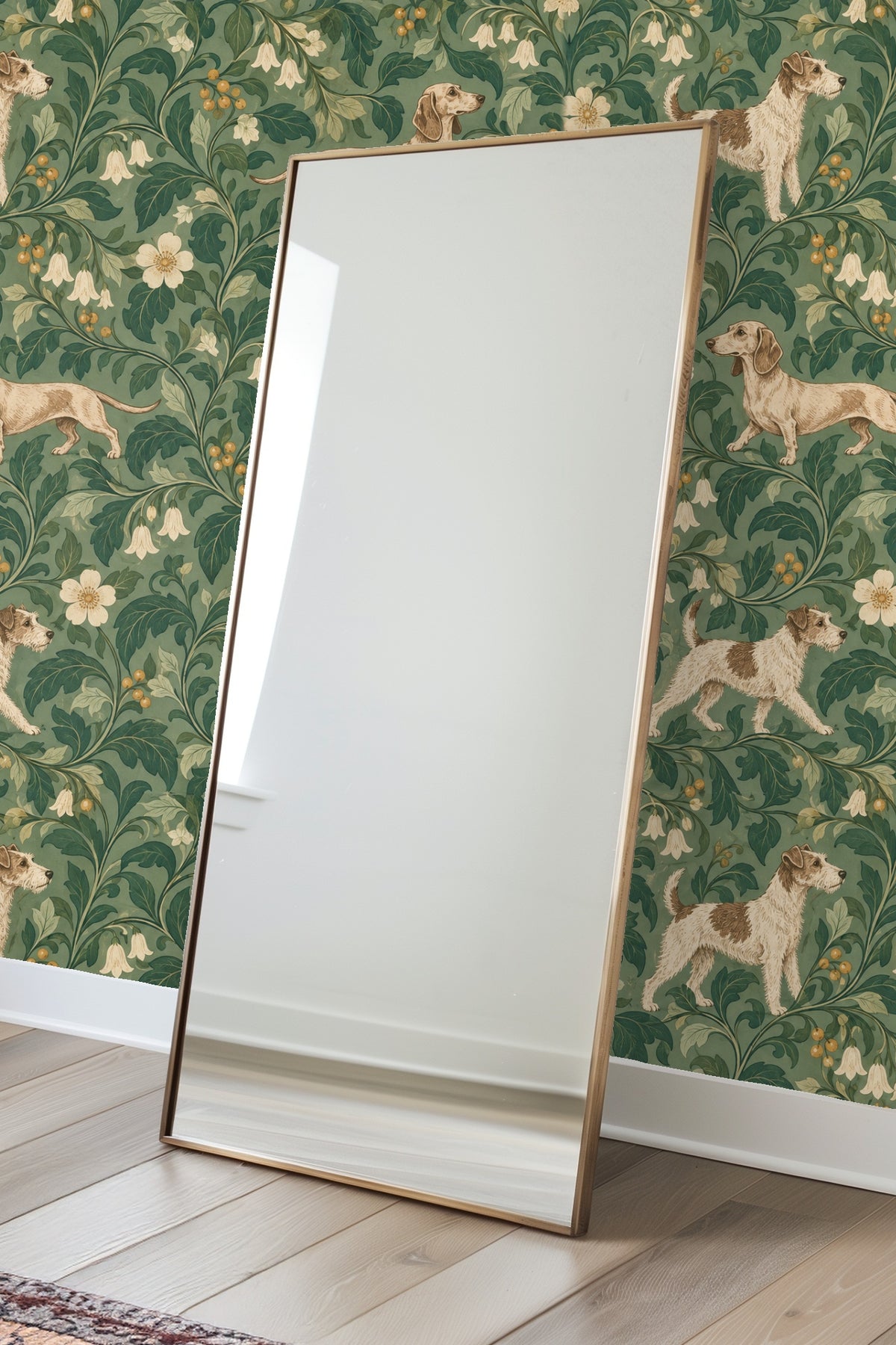 View of wallpaper panel showing vintage inspired botanical and dog motif in soft green palette