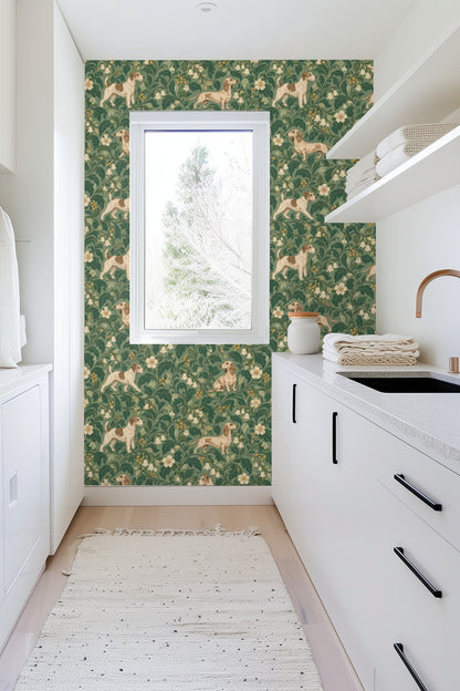 Repeating wallpaper pattern of seated and standing terriers framed by stylized foliage and berries