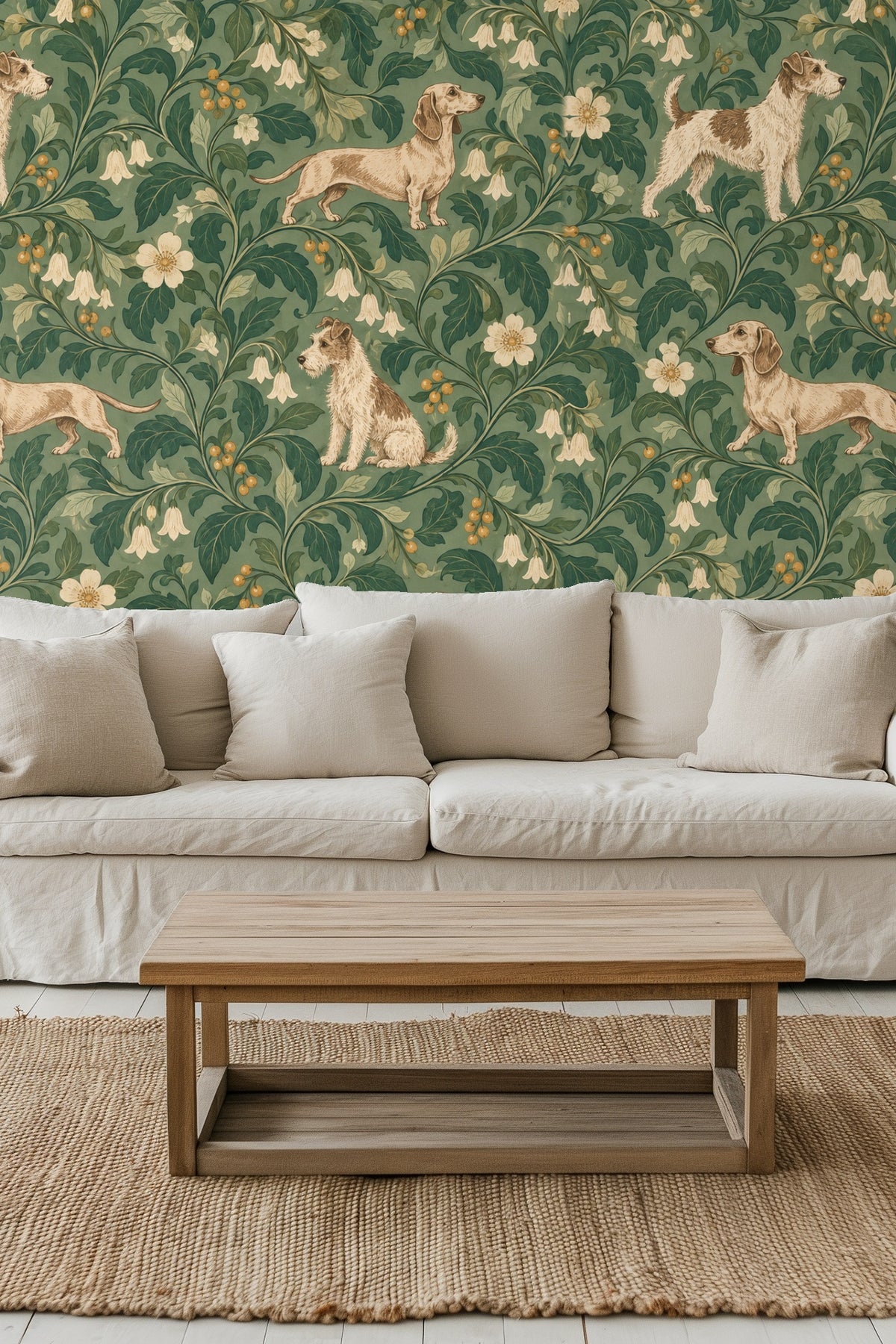 Wallpaper artwork showing cream and tan English terriers among lush green botanical vines and white flowers on sage background