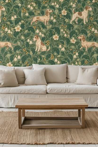 Wallpaper artwork showing cream and tan English terriers among lush green botanical vines and white flowers on sage background