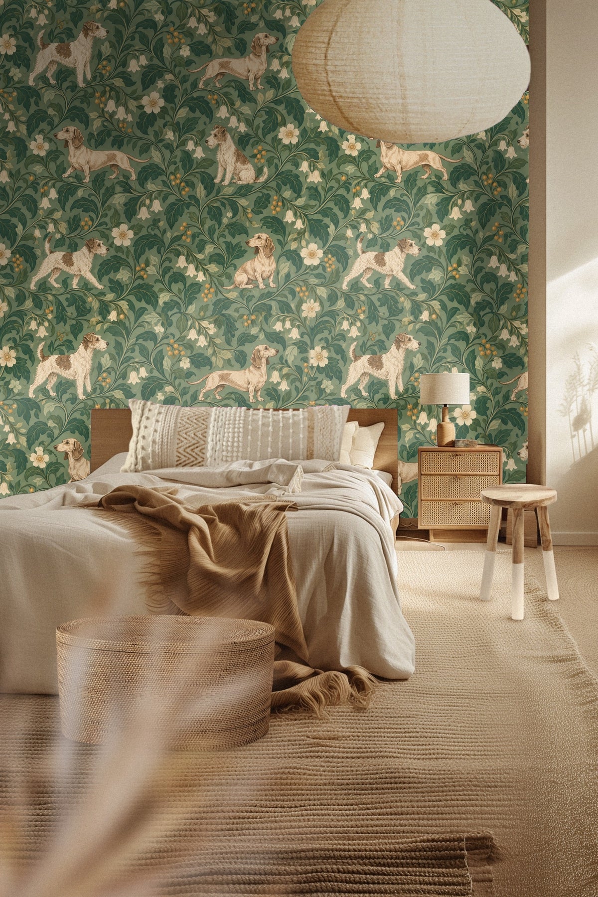 Soft neutral bedroom with wooden bed and wallpaper mural of English terriers and trailing vines in green and ochre tones